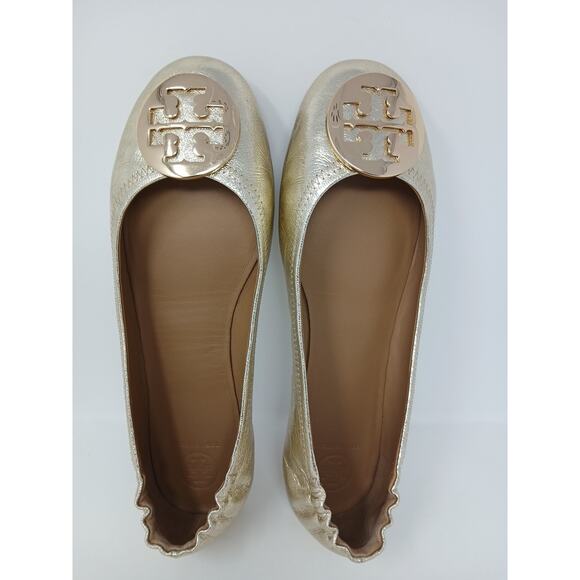 Tory Burch Minnie Travel Ballet With Logo Spark Gold Shoes Women’s Sz 10.5 New - Picture 11 of 16